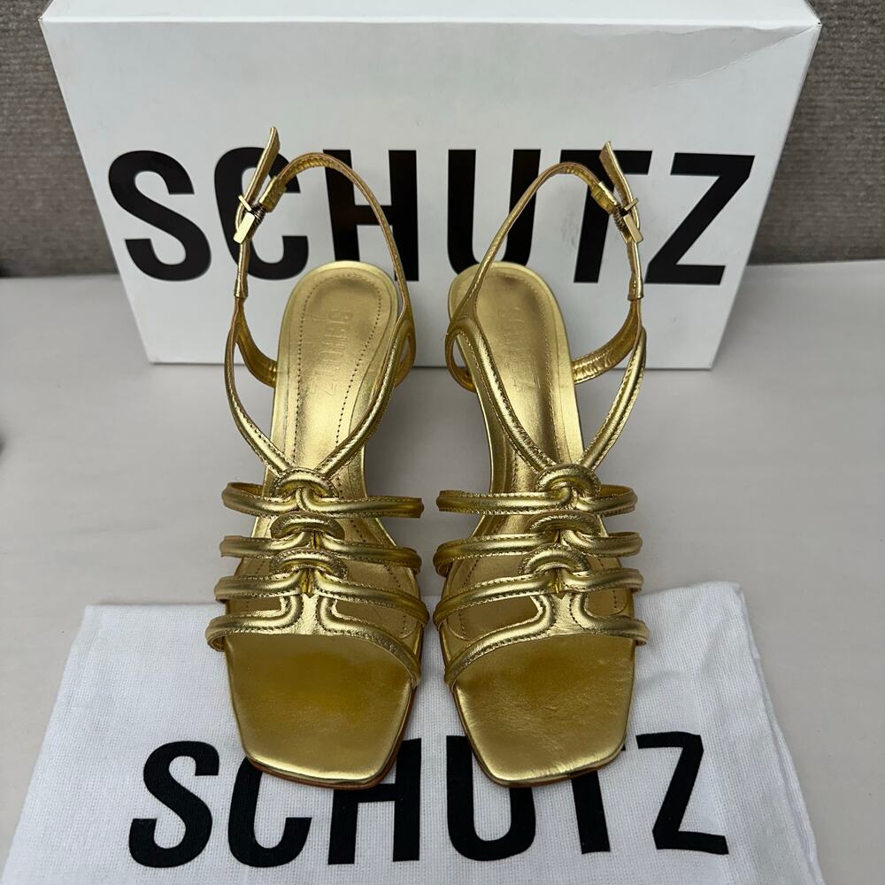 Schutz Octavia Gold Leather Knotted Strappy High Heel Sandals Slingback Size 5.5
